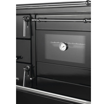 Detailansicht eines Kaminofen Herdes mit Backfach und integriertem Thermometer an der Front.