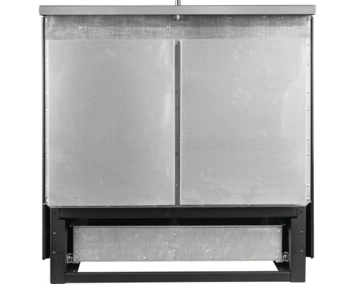 Rückseite eines Metallgeräteschranks aus verzinktem Stahlblech mit Montageschienen.