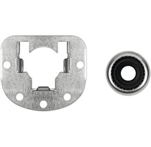 Montageplatte aus Metall mit Aussparungen und eine separate Laufrolle für Schiebetüren.