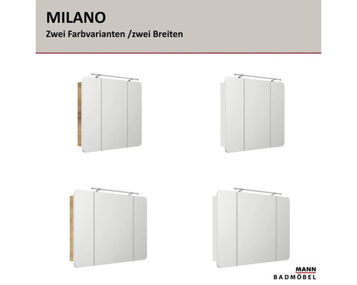 MANN BADMÖBEL Logo, Spiegelschränke der Serie MILANO in zwei Breiten und zwei Farbvarianten mit integrierter Beleuchtung.
