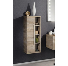 Badezimmer Hängeschrank in Holzoptik mit einer Tür und vier offenen Regalfächern.