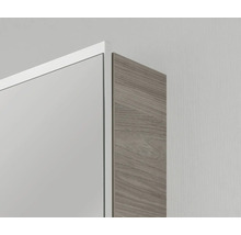 Nahaufnahme der Ecke eines Spiegelschranks mit weißem Rahmen und Seitenwand in Holzoptik.