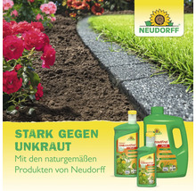 Neudorff UnkrautFrei Plus Unkrautvernichter vor einem Garten mit Rosenbeet und Rasenkante. Neudorff Logo.