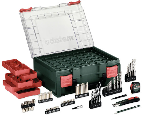 Metabo Zubehörset mit Bit-Sätzen, Bohrern, Maßband, Cuttermesser und Bleistift in einer stapelbaren Kunststoffbox mit transparentem Deckel.