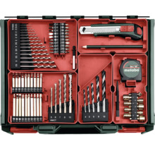 Metabo Werkzeug-Set im Koffer mit Bohrern für Metall, Holz und Stein, Bits, Cutter-Messer, Bleistift und Maßband.