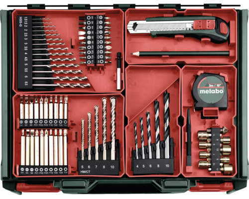Metabo Werkzeug-Set im Koffer mit Bohrern für Metall, Holz und Stein, Bits, Cutter-Messer, Bleistift und Maßband.