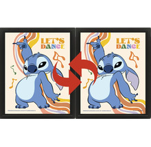 Dreidimensionales Lentikularbild im schwarzen Rahmen mit tanzendem Disney-Charakter Stitch, Schriftzug Let s Dance und Retro-Elementen.
