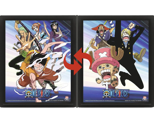 One Piece Lentikular-Poster im schwarzen Rahmen mit Wechseleffekt, zeigt verschiedene Charaktere und das One Piece Logo.