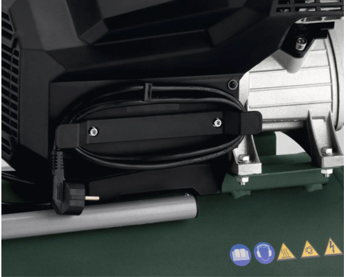 Detailansicht eines Kompressors mit Kabelaufwicklung sowie Symbolen für Bedienungsanleitung, Gehörschutz, Hitze, automatischen Anlauf und Strom.