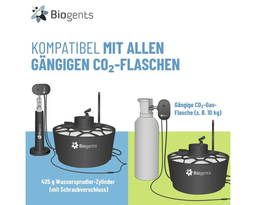 Biogents Mückenfalle kompatibel mit 425 Gramm Wassersprudler-Zylindern und 10 Kilogramm Kohlendioxid-Flaschen. Biogents Logo.