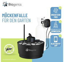 Biogents Mückenfalle für den Garten, Kohlendioxid-Anschluss, Bluetooth. Insektizidfrei, wissenschaftlich erwiesen, App-Steuerung. Biogents Logo.