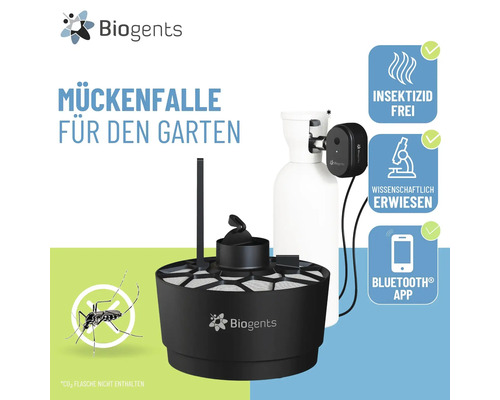 Biogents Mückenfalle für den Garten, Kohlendioxid-Anschluss, Bluetooth. Insektizidfrei, wissenschaftlich erwiesen, App-Steuerung. Biogents Logo.