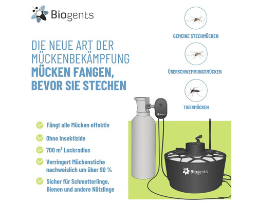 Biogents Logo. Insektenfalle gegen Stechmücken mit Kohlendioxidflasche, ohne Insektizide, 700 Quadratmeter Reichweite, sicher für Nützlinge.