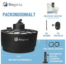 Biogents Logo. Aero Trap Plus: Falle 33 cm breit, 23 cm hoch, Sweetscent Lockstoff, CO2-Diffusor, CO2-Controller, Kabel, CO2-Schläuche und Halterung.