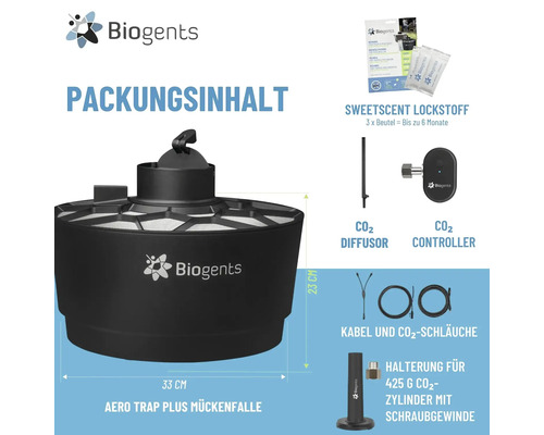 Biogents Logo. Aero Trap Plus: Falle 33 cm breit, 23 cm hoch, Sweetscent Lockstoff, CO2-Diffusor, CO2-Controller, Kabel, CO2-Schläuche und Halterung.