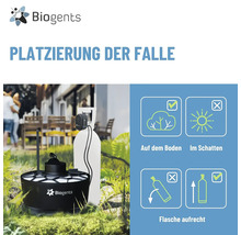 Infografik zur Platzierung der Biogents Mückenfalle. Aufstellung auf dem Boden im Schatten mit aufrechter Kohlenstoffdioxidflasche. Biogents Logo.