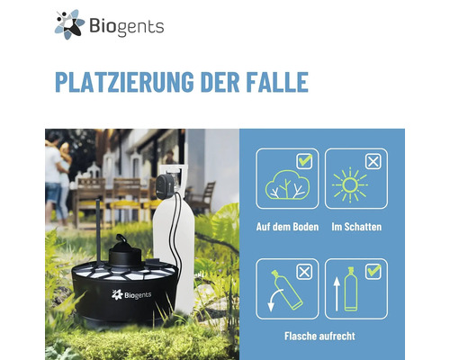 Infografik zur Platzierung der Biogents Mückenfalle. Aufstellung auf dem Boden im Schatten mit aufrechter Kohlenstoffdioxidflasche. Biogents Logo.