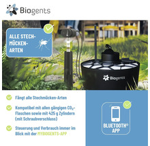 Biogents Mückenfalle im Garten: Bluetooth-App-Steuerung, Kohlendioxid-Kompatibilität, wirksam gegen alle Stechmückenarten. Biogents Logo.