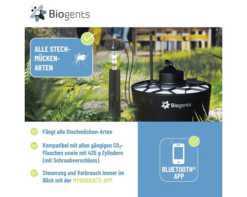 Biogents Mückenfalle im Garten: Bluetooth-App-Steuerung, Kohlendioxid-Kompatibilität, wirksam gegen alle Stechmückenarten. Biogents Logo.