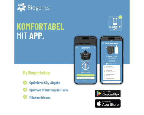 Biogents Logo. MyBiogentsApp Anwendung zur Steuerung von Mückenfallen via Bluetooth mit optimierter Kohlenstoffdioxid-Abgabe auf Smartphones.
