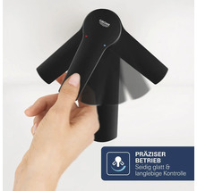 Handbedienung einer Grohe Armatur mit präziser Hebelbewegung für Temperatur und Wassermenge. Grohe Logo. Symbol für präzisen Betrieb.