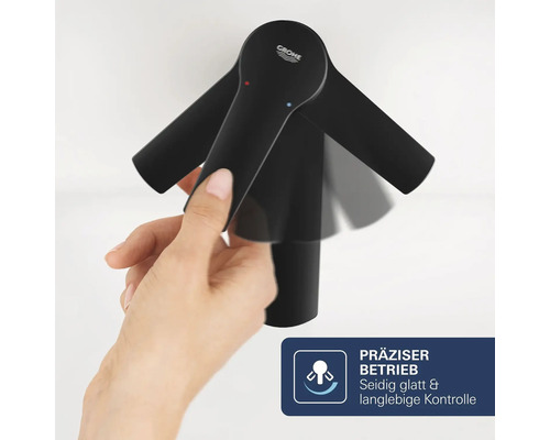Handbedienung einer Grohe Armatur mit präziser Hebelbewegung für Temperatur und Wassermenge. Grohe Logo. Symbol für präzisen Betrieb.