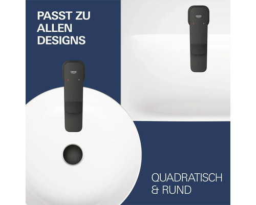 Grohe Wandarmatur in Schwarz matt, Einhandmischer kombiniert mit runden und eckigen Waschbecken, Grohe Logo.