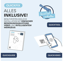 Grohe QuickFix Set zur einfachen Installation inklusive QuickTool Werkzeug, QuickGuide Bedienungsanleitung, QuickVideo via QR-Code und Grohe Logo.