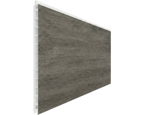 Wandpaneel aus Kunststoff in dunkler Holzoptik mit sichtbarer Maserung.