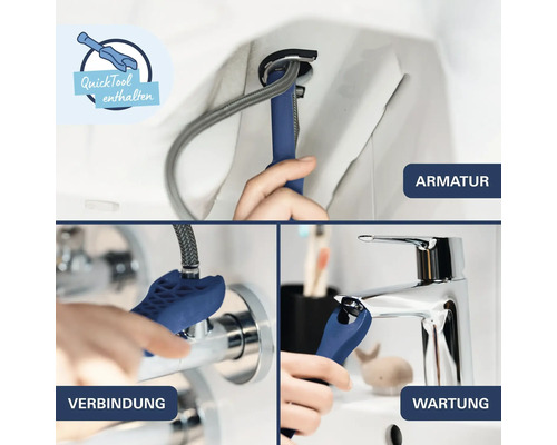 Anwendung des QuickTool Montageschlüssels für die Montage, den Anschluss und die Wartung einer Badezimmerarmatur.