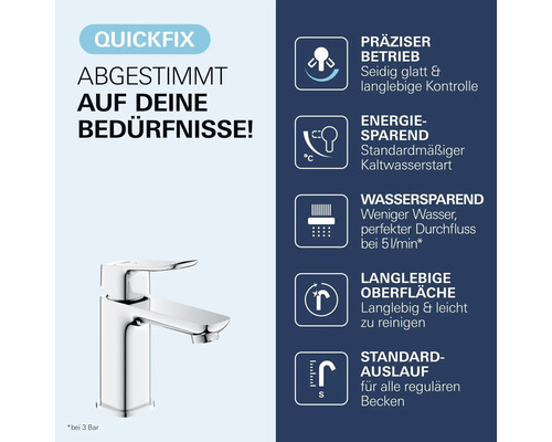 Einhand-Waschtischbatterie: präzise Steuerung, Kaltwasserstart, 5 Liter pro Minute Durchfluss, langlebige Oberfläche und Standard-Auslauf.