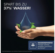 Hände halten einen Wassertropfen mit Blättern. Symbol für Wassersparen, spart bis zu 37 Prozent Wasser bei 5 Litern pro Minute.