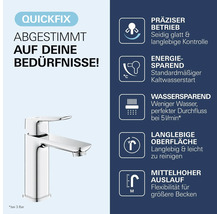 Waschtischarmatur in Chrom mit Symbolen für präzisen Betrieb, Energiesparen, Wassersparen, langlebige Oberfläche und mittelhohen Auslauf.