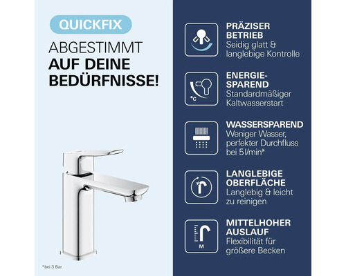 Waschtischarmatur in Chrom mit Symbolen für präzisen Betrieb, Energiesparen, Wassersparen, langlebige Oberfläche und mittelhohen Auslauf.