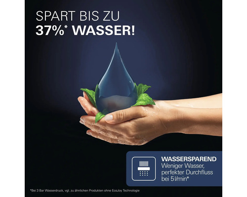 Hände halten einen Wassertropfen mit Blättern. Symbol für Wassersparen, spart bis zu 37 Prozent Wasser bei 5 Litern pro Minute.