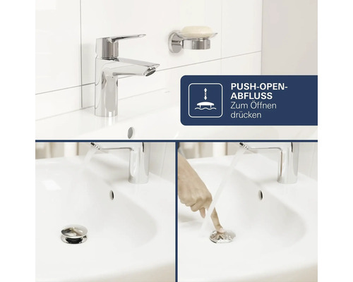 Waschbecken mit verchromter Armatur und Push-Open-Ablaufventil, das durch einfaches Drücken bedient wird.