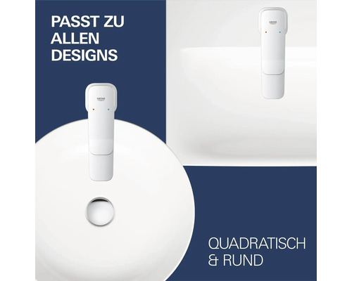 Weiße Grohe Infrarot-Armatur, passend für runde und quadratische Waschbecken.