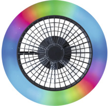Runder Deckenventilator aus Kunststoff mit farbigem Lichtring, transparenten Flügeln und schwarzem Schutzgitter.