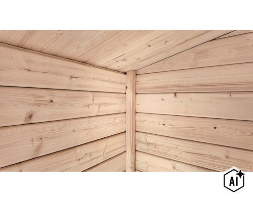 Wandecke einer Holzkonstruktion aus horizontal verlegten Holzprofilen mit Eckpfosten. (Image AI modified or generated)