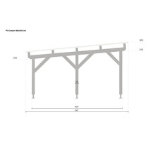 Technische Zeichnung eines Photovoltaik-Carports mit Maßen von 460 mal 530 Zentimetern, inklusive Pfostenbreite und verschiedenen Höhenangaben.