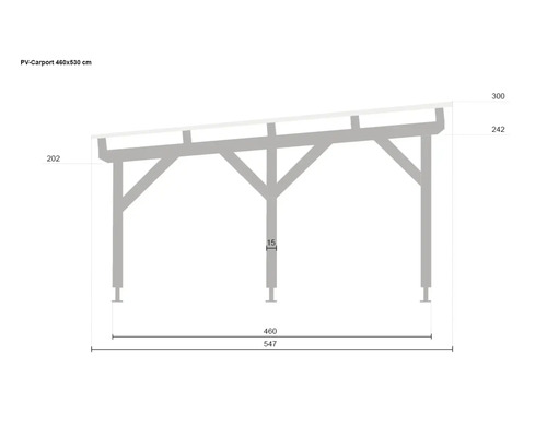 Technische Zeichnung eines Photovoltaik-Carports mit Maßen von 460 mal 530 Zentimetern, inklusive Pfostenbreite und verschiedenen Höhenangaben.