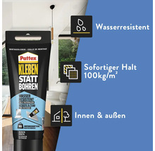 Pattex Kleben statt Bohren Montagekleber, wasserresistent, für innen und außen mit einer Anfangshaftung von 100 Kilogramm pro Quadratmeter.