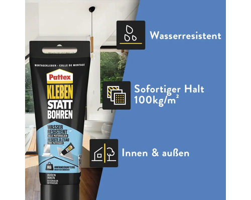 Pattex Kleben statt Bohren Montagekleber, wasserresistent, für innen und außen mit einer Anfangshaftung von 100 Kilogramm pro Quadratmeter.