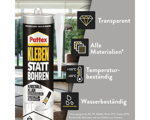 Pattex Logo auf Montagekleber Kleben statt Bohren Kristall Klar. Symbole für transparent, alle Materialien, temperaturbeständig und wasserbeständig.