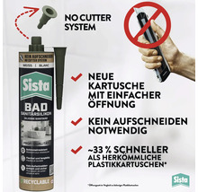Sista Bad Sanitärsilikon Kartusche mit No Cutter System zum Öffnen ohne Messer, circa 33 Prozent schneller als herkömmliche Kartuschen.