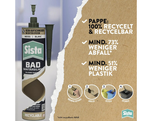 Sista Bad Sanitärsilikon mit No-Cutter-System in nachhaltiger Verpackung aus 100 Prozent recyceltem Karton und Anleitung zur Entsorgung.
