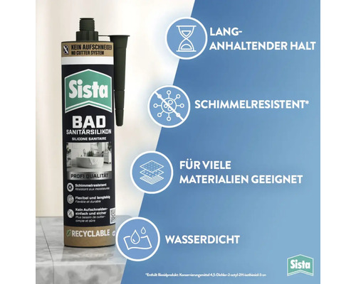 Sista Bad Sanitärsilikon Kartusche mit Symbolen für Haltbarkeit, Schimmelresistenz, Materialeignung und Wasserdichtigkeit sowie Sista Logo.