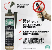 Sista Bad Sanitärsilikon Kartusche mit No Cutter System zum Öffnen ohne Messer, zirka 33 Prozent schneller als herkömmliche Kartuschen.
