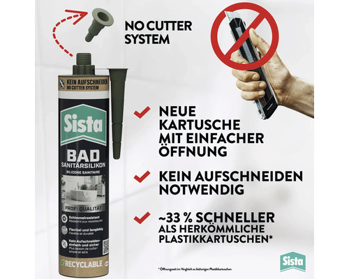 Sista Bad Sanitärsilikon Kartusche mit No Cutter System zum Öffnen ohne Messer, zirka 33 Prozent schneller als herkömmliche Kartuschen.
