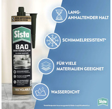 Sista Sanitärsilikon Bad, schimmelresistent, wasserdicht, für viele Materialien geeignet, langanhaltender Halt, Sista Logo.